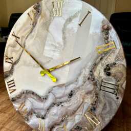 Extra Large Epoxy Resin Wall Clock, Choco-Milk Design, Natural Gemstones - thumbnail 3