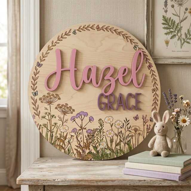 Personalizedwildflower Nursery Sign, Boho Floral Baby Decor, Custom Round Wooden Name Plaque, Wall Art - image 1