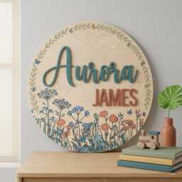 Personalizedwildflower Nursery Sign, Boho Floral Baby Decor, Custom Round Wooden Name Plaque, Wall Art - thumbnail 3