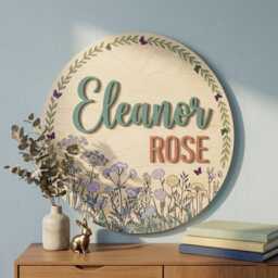 Personalizedwildflower Nursery Sign, Boho Floral Baby Decor, Custom Round Wooden Name Plaque, Wall Art - thumbnail 4