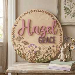 Personalizedwildflower Nursery Sign, Boho Floral Baby Decor, Custom Round Wooden Name Plaque, Wall Art - thumbnail 1