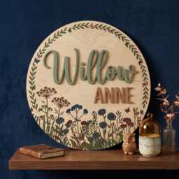 Personalizedwildflower Nursery Sign, Boho Floral Baby Decor, Custom Round Wooden Name Plaque, Wall Art - thumbnail 2