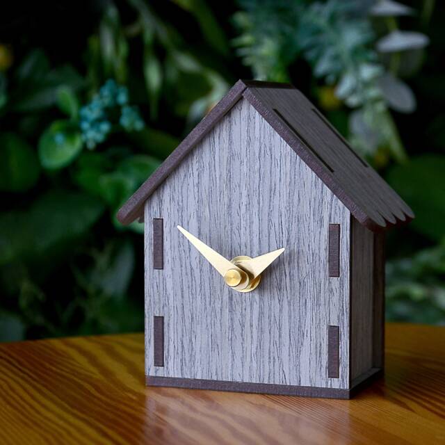 Clock Cute Hut - Small Wooden Table Clock, Gray Desk - image 1