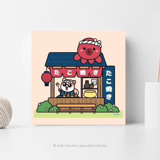 Shiba Art Print - Sunnie's Takoyaki Stand Cute Stall Illustration Kawaii Japanese Food Poster Inu Lover - Dokii Studio - image 1