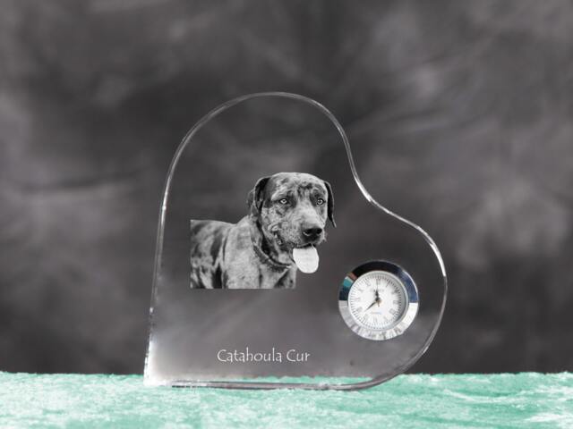 Catahoula Cur - Crystal Clock in The Shape Of A Heart With Image Pure-Bred Dog - image 1