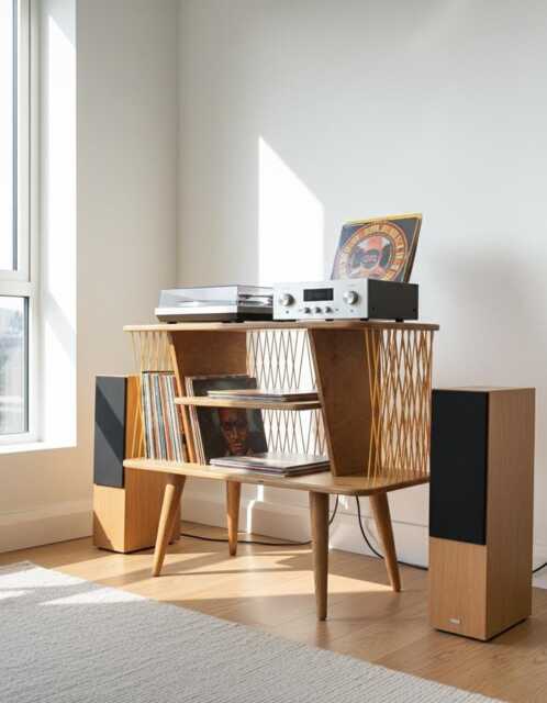 Mid Century Modern Record Player Stand, Vinyl Storage, Handmade Plywood Media Console, Retro Hi-Fi Unit - image 1