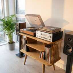 Mid Century Modern Record Player Stand, Vinyl Storage, Handmade Plywood Media Console, Retro Hi-Fi Unit - thumbnail 4