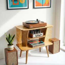 Mid Century Modern Record Player Stand, Vinyl Storage, Handmade Plywood Media Console, Retro Hi-Fi Unit - thumbnail 3