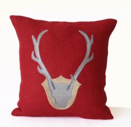 Red Burlap Deer Antler Pillow Cover, Rustic Christmas Throw Pillow, Merry & Bright Holiday Cushion, Cottage Country Winter Decor - thumbnail 1