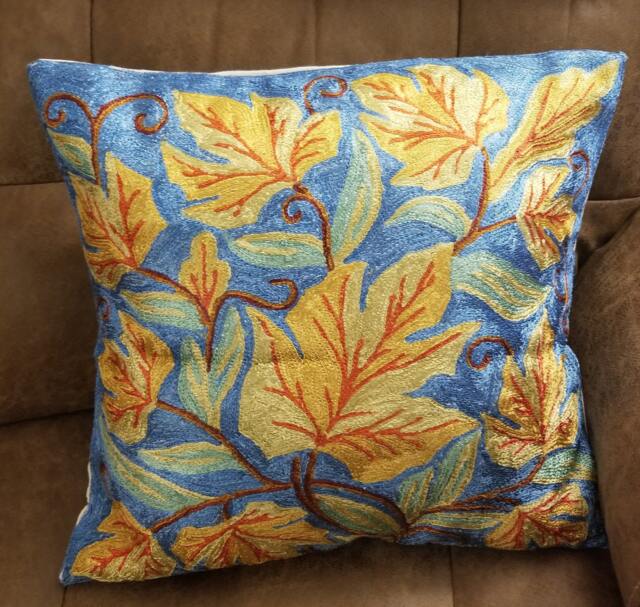 "Handmade Silk Embroidery Cushion Cover Golden Maple Leaf Throw Pillow - 16""x16" - image 1
