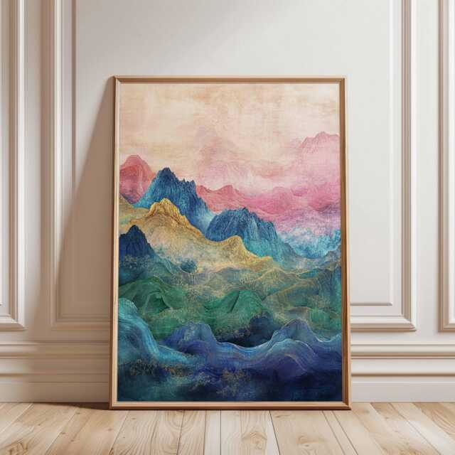 Abstract Japanese Mountains Poster Blue Green Pink Landscape Wall Art Asian Scenic Nature Print Vertical Decor, Ink Style - image 1