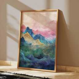 Abstract Japanese Mountains Poster Blue Green Pink Landscape Wall Art Asian Scenic Nature Print Vertical Decor, Ink Style - thumbnail 2