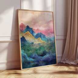 Abstract Japanese Mountains Poster Blue Green Pink Landscape Wall Art Asian Scenic Nature Print Vertical Decor, Ink Style - thumbnail 4