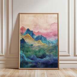 Abstract Japanese Mountains Poster Blue Green Pink Landscape Wall Art Asian Scenic Nature Print Vertical Decor, Ink Style - thumbnail 1