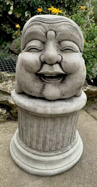 Stone Garden Happy Smiling Buddha Head Statue With Plinth Detailed Ornament Gift - image 1