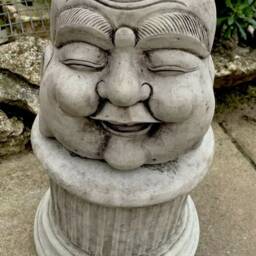 Stone Garden Happy Smiling Buddha Head Statue With Plinth Detailed Ornament Gift - thumbnail 3