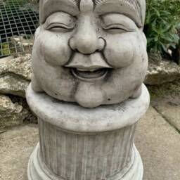 Stone Garden Happy Smiling Buddha Head Statue With Plinth Detailed Ornament Gift - thumbnail 2