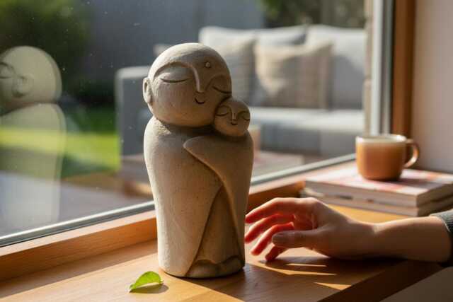 Jizo Buddha With Baby 8 Inch/20 cm, Sculpture, Gift For Mom, Zen Buddha, Garden Decor, Children Guardian, Traveler Guardian - image 1
