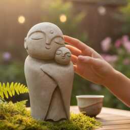 Jizo Buddha With Baby 8 Inch/20 cm, Sculpture, Gift For Mom, Zen Buddha, Garden Decor, Children Guardian, Traveler Guardian - thumbnail 2