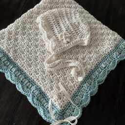 Crochet Baby Bonnet - Soft Teal Blanket Vintage Inspired Antique White Nursery - thumbnail 3