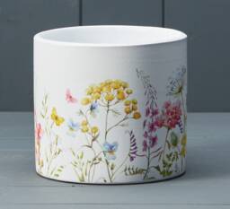 White Ceramic Pot With Butterfly Wildflower Design - 12cm - thumbnail 1