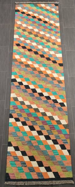 Afghan Runner Rug, Handmade Artisan Turkish Scandinavian Navajo Bohemian Flatweave Wool Multicolour Kilim Rug 307x85 cm - image 1