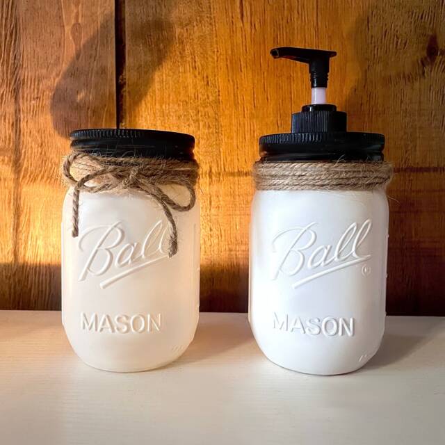 Black White Farmhouse Mason Jar Soap Dispenser Tooth Brush