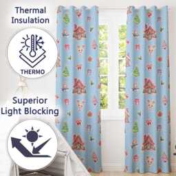 Christmas Gingerbread House Snowman Deer Seamless Pattern Blue Background Readymade Eyelet Ring Top Thermal 100% Blackout Curtains - thumbnail 3