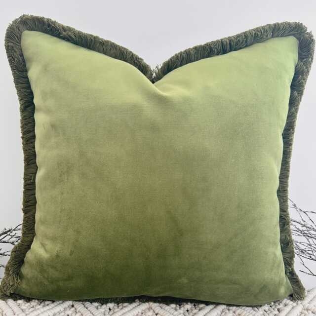 Luxury Forest Green Velvet Cushion Fringed in Everest Green. Customisable Cover, Designer Textured Cushions - Style 210 - image 1