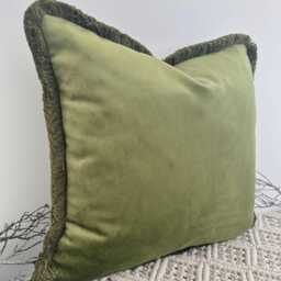 Luxury Forest Green Velvet Cushion Fringed in Everest Green. Customisable Cover, Designer Textured Cushions - Style 210 - thumbnail 3
