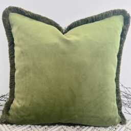 Luxury Forest Green Velvet Cushion Fringed in Everest Green. Customisable Cover, Designer Textured Cushions - Style 210 - thumbnail 1