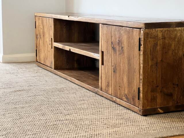 Handmade Reclaimed Wood Media Unit - Rustic Industrial Scaffold Board Tv Stand With Doors - image 1