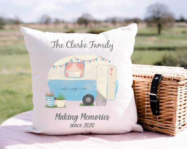 Outdoor Water Resistant Personalised Caravan Camping Cushion, Wedding Gift, Pillow, Making Memories, Family Holiday, Vintage - image 1