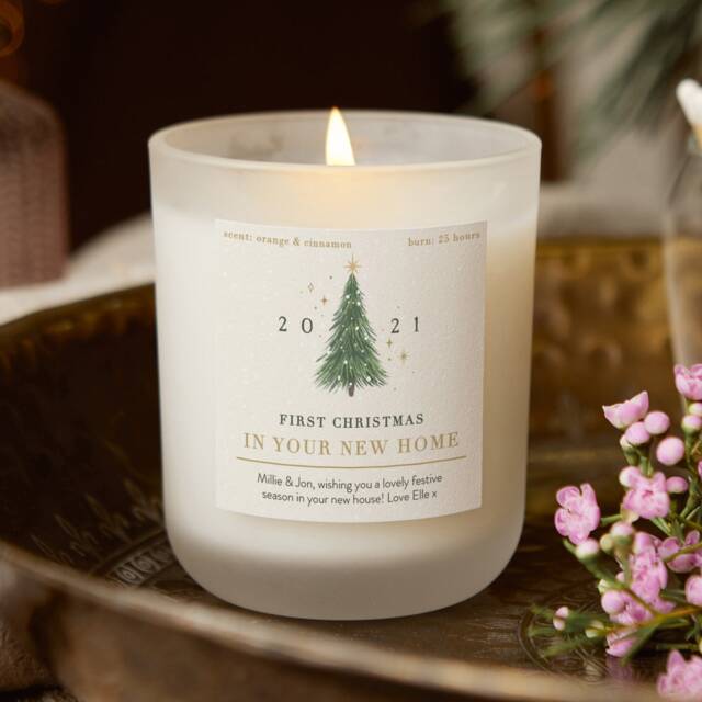 Personalised New Home Christmas Candle, Snowy Tree Scented Candle - image 1