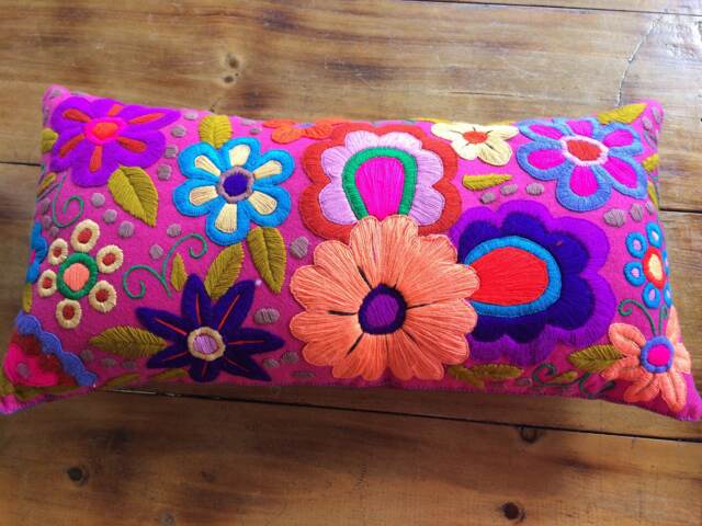 Handmade Mexican Pillow Embroidered Floral Lumbar Cushion - image 1