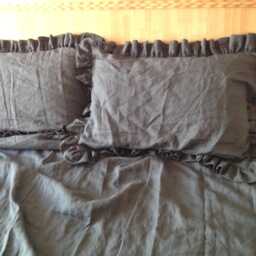 Set Of 3 French Linen Ruffle Bedding Sheet Top Cover Grey With 2 Pillow Shams King in Charcoal - thumbnail 3
