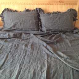 Set Of 3 French Linen Ruffle Bedding Sheet Top Cover Grey With 2 Pillow Shams King in Charcoal - thumbnail 2