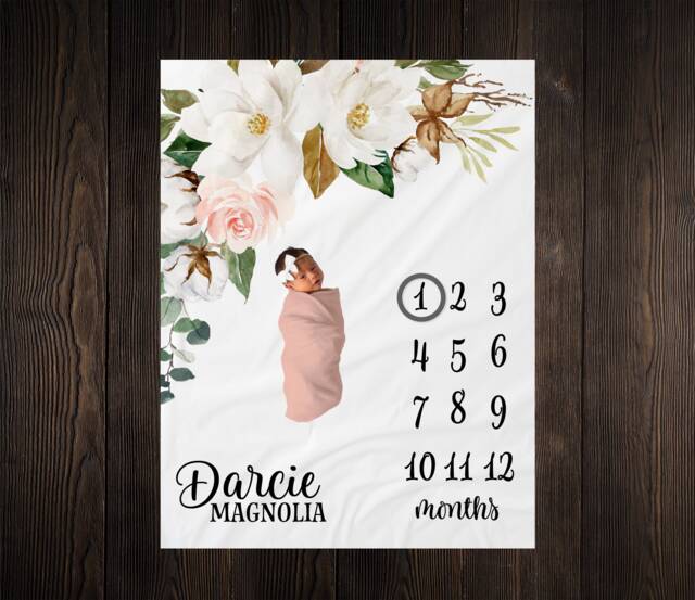 Magnolia Milestone Blanket, Baby Shower Gift, Keepsake Girl Growth Chart Blanket - image 1