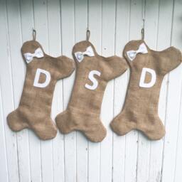 Burlap Dog Bone Christmas Stocking With Bow/Bow Tie - Puppy/Dog Stocking-Personalize Letter/Custom Colors-Rustic/Shabby Chic//Natural