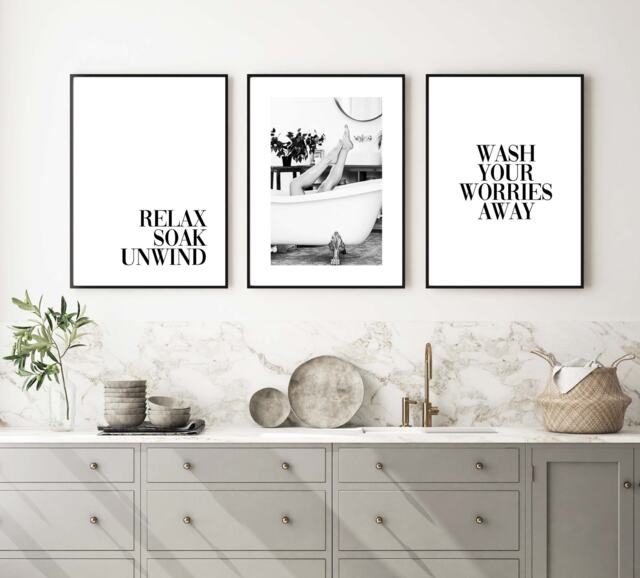 Set Of 3 Black & White Bathroom Prints Wall Art Print Home Decor Poster Soak Worries Away Relax Unwind Quote Legs in Bath - image 1