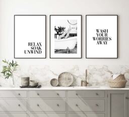 Set Of 3 Black & White Bathroom Prints Wall Art Print Home Decor Poster Soak Worries Away Relax Unwind Quote Legs in Bath - thumbnail 1