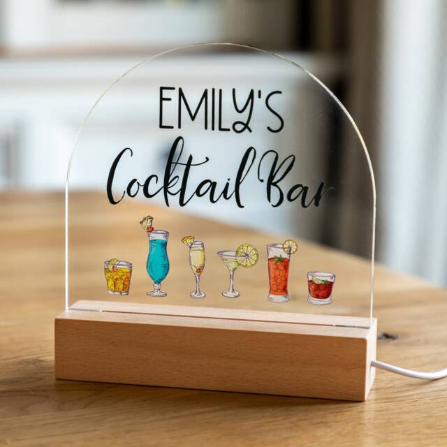 Personalised Cocktail Bar Led Light Sign Beech Wood Base, Custom Name - Uv595 - image 1