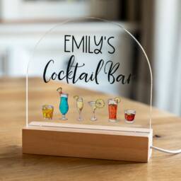 Personalised Cocktail Bar Led Light Sign Beech Wood Base, Custom Name - Uv595