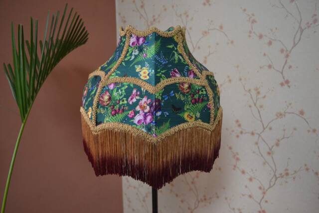 Green Secret Garden Lampshade Victorian Style Silk Fabric With Rayon Fringe - image 1