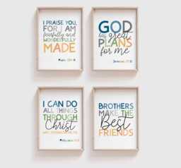 Set Of 4 Bible Verse Prints, Christian Wall Art, Boys Bedroom Nursery Jesus - thumbnail 1