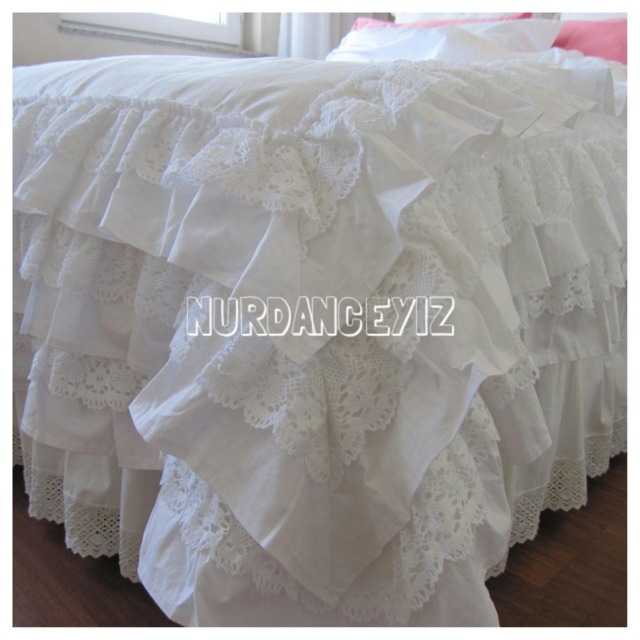 Full Queen King Ruffle Duvet Cover - White Ivory 3 Rows Cotton Lace Trim + Ruffled Shabby Chic Bedding -Bridal Romantic - image 1