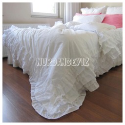 Full Queen King Ruffle Duvet Cover - White Ivory 3 Rows Cotton Lace Trim + Ruffled Shabby Chic Bedding -Bridal Romantic - thumbnail 3