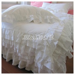 Full Queen King Ruffle Duvet Cover - White Ivory 3 Rows Cotton Lace Trim + Ruffled Shabby Chic Bedding -Bridal Romantic