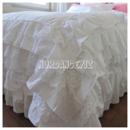 Full Queen King Ruffle Duvet Cover - White Ivory 3 Rows Cotton Lace Trim + Ruffled Shabby Chic Bedding -Bridal Romantic - thumbnail 1