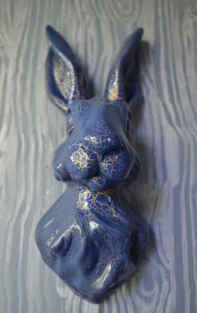 Blue & Gold Crackle Effect Hare Head - Wall Mounted Pink Rabbit - image 1
